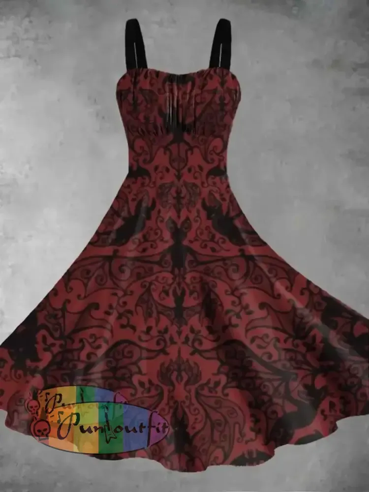Women’s Vintage Halloween Bat Print Suspender Dress Deep Wine / S