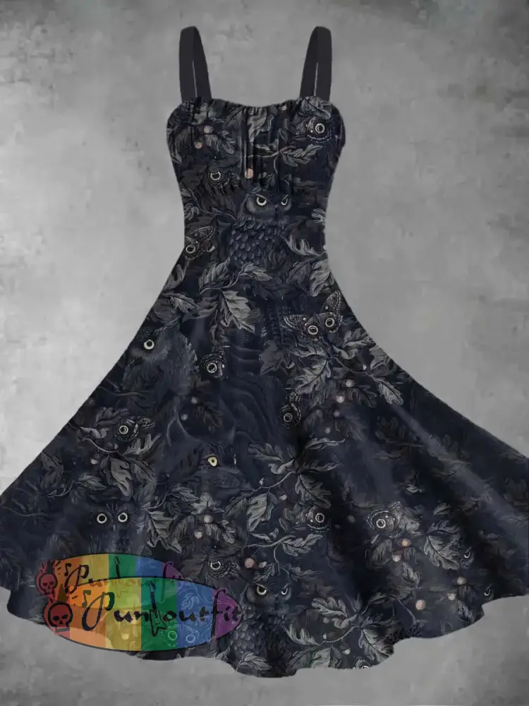 Women’s Vintage Halloween Owl Print Suspender Dress Black / S