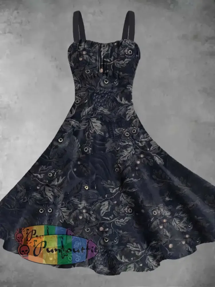 Women’s Vintage Halloween Owl Print Suspender Dress Black / S