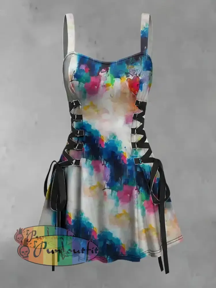 Women’s Vintage Hippie Colourful Tie-Dye Heart Patterns Print Strappy Sleeveless Strappy Mini Dress As picture / S