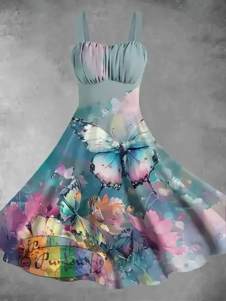 Women’s Vintage Oil Painting Floral Butterfly Print Suspender Dress Blue / S