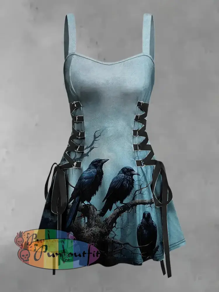 Women’s Vintage Punk Colorful Crow Branch Abstract Art Print Strappy Sleeveless Strappy Mini Dress Light Blue / S