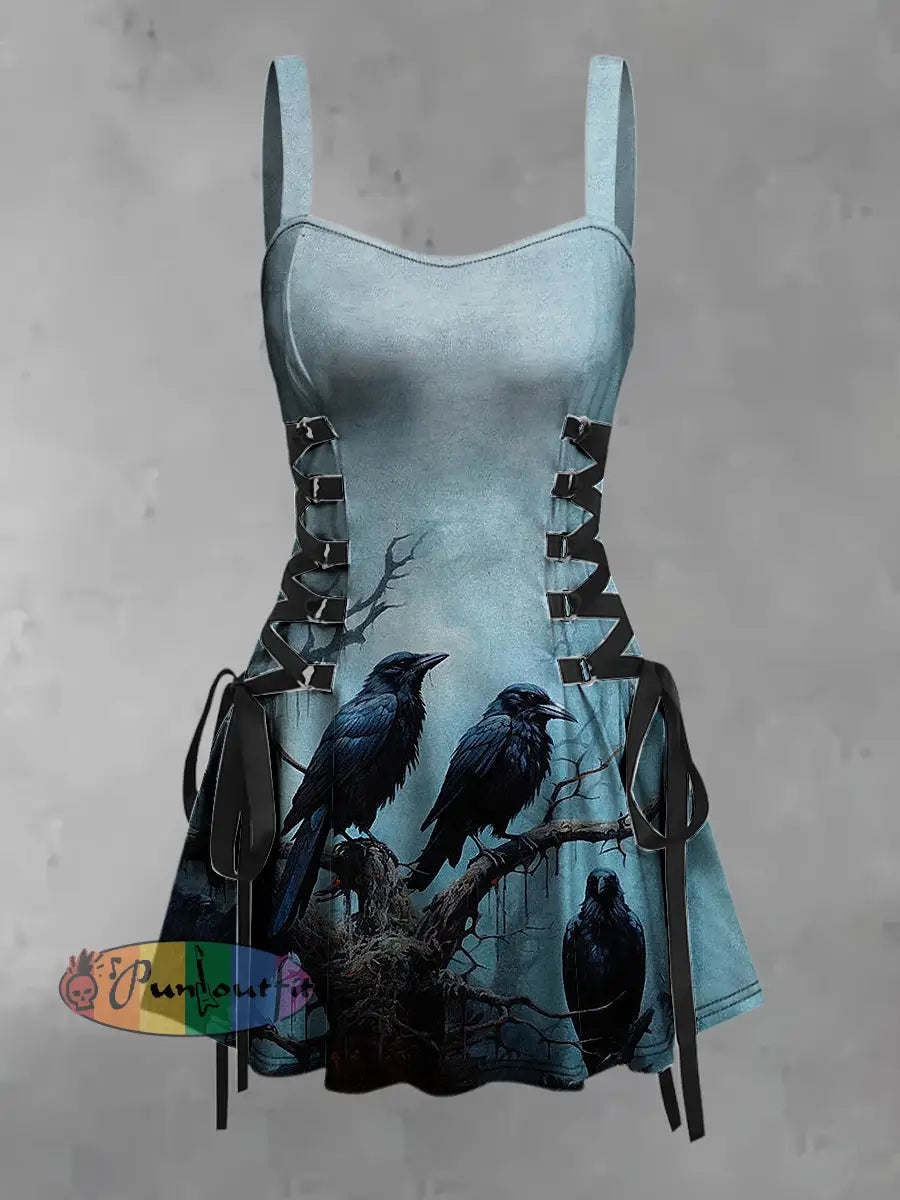 Women’s Vintage Punk Colorful Crow Branch Abstract Art Print Strappy Sleeveless Strappy Mini Dress Light Blue / S