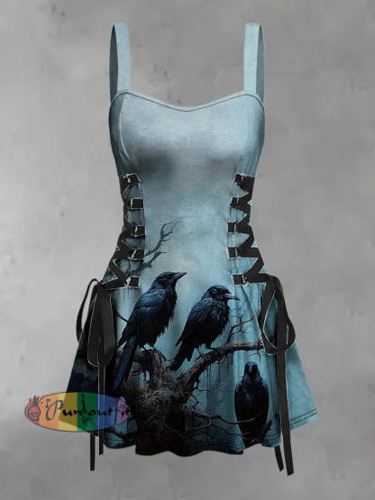 Women’s Vintage Punk Colorful Crow Branch Abstract Art Print Strappy Sleeveless Strappy Mini Dress Light Blue / S