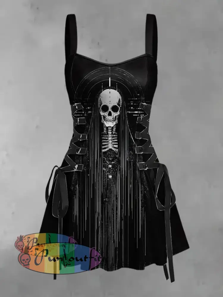 Women’s Vintage Punk Dark Cross Faith Skull Abstracts Print Strappy Sleeveless Strappy Mini Dress Black / S