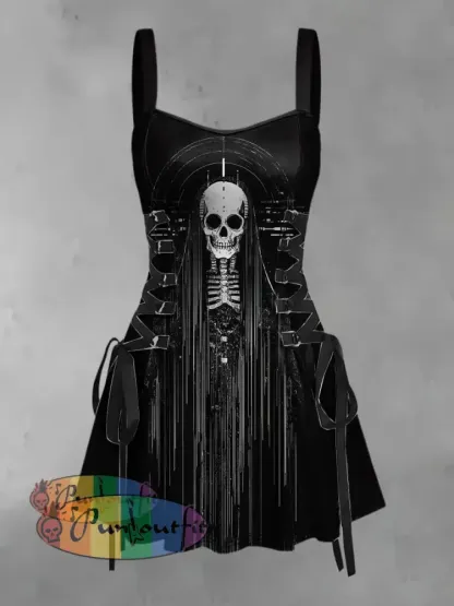 Women’s Vintage Punk Dark Cross Faith Skull Abstracts Print Strappy Sleeveless Strappy Mini Dress Black / S