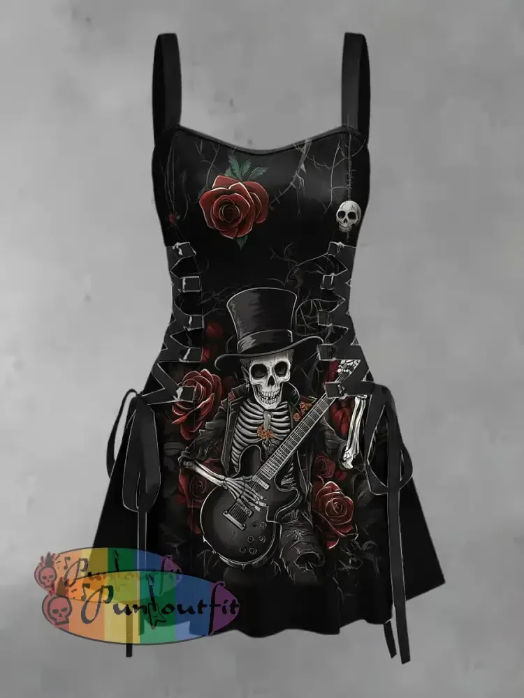 Women’s Vintage Punk Dark Rock Skull Guitar Rose Print Strappy Sleeveless Strappy Mini Dress Black / S