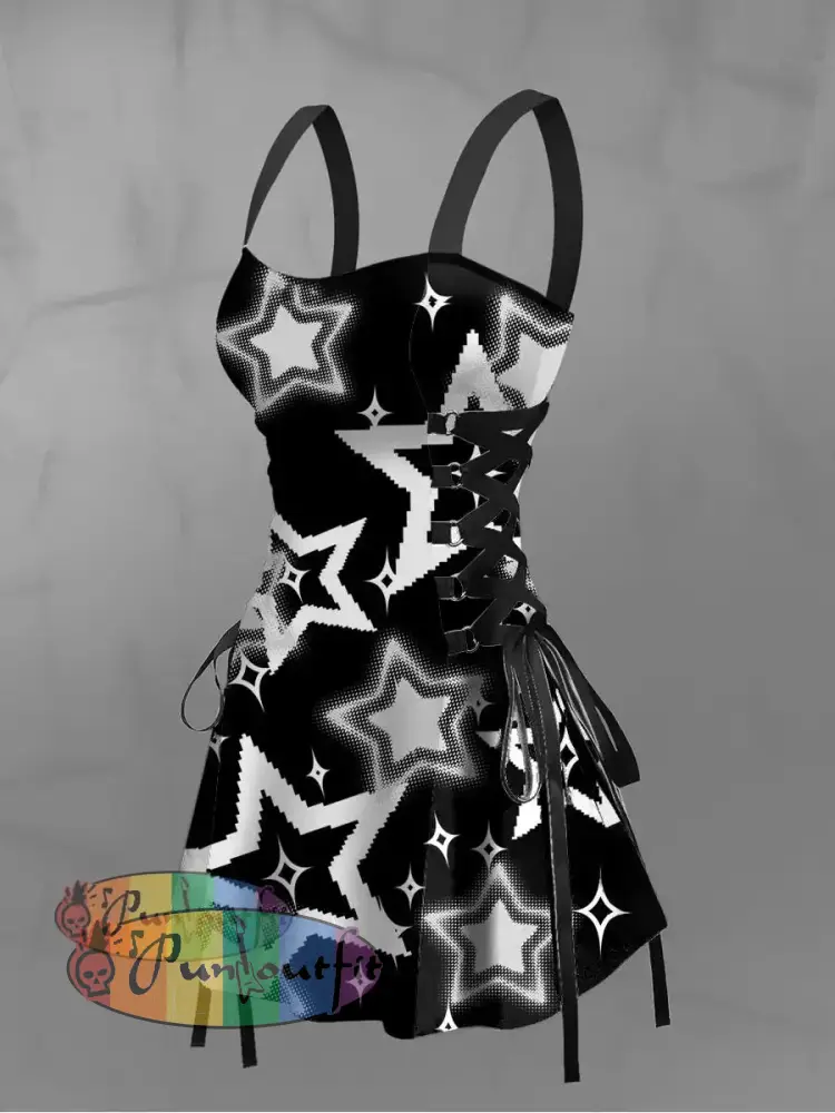 Women’s Vintage Punk Gothic 3D Stars Print Strappy Sleeveless Strappy Mini Dress Black / S