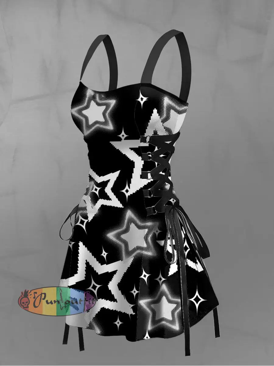 Women’s Vintage Punk Gothic 3D Stars Print Strappy Sleeveless Strappy Mini Dress Black / S