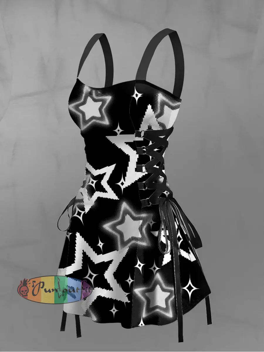 Women’s Vintage Punk Gothic 3D Stars Print Strappy Sleeveless Strappy Mini Dress Black / S
