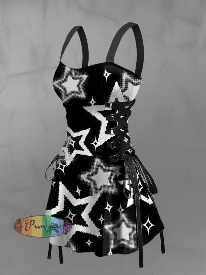 Women’s Vintage Punk Gothic 3D Stars Print Strappy Sleeveless Strappy Mini Dress Black / S