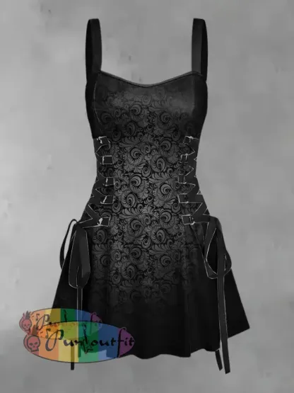 Women’s Vintage Punk Gothic Black Swirl Gradient Abstract Art Print Strappy Sleeveless Strappy Mini Dress Black / S