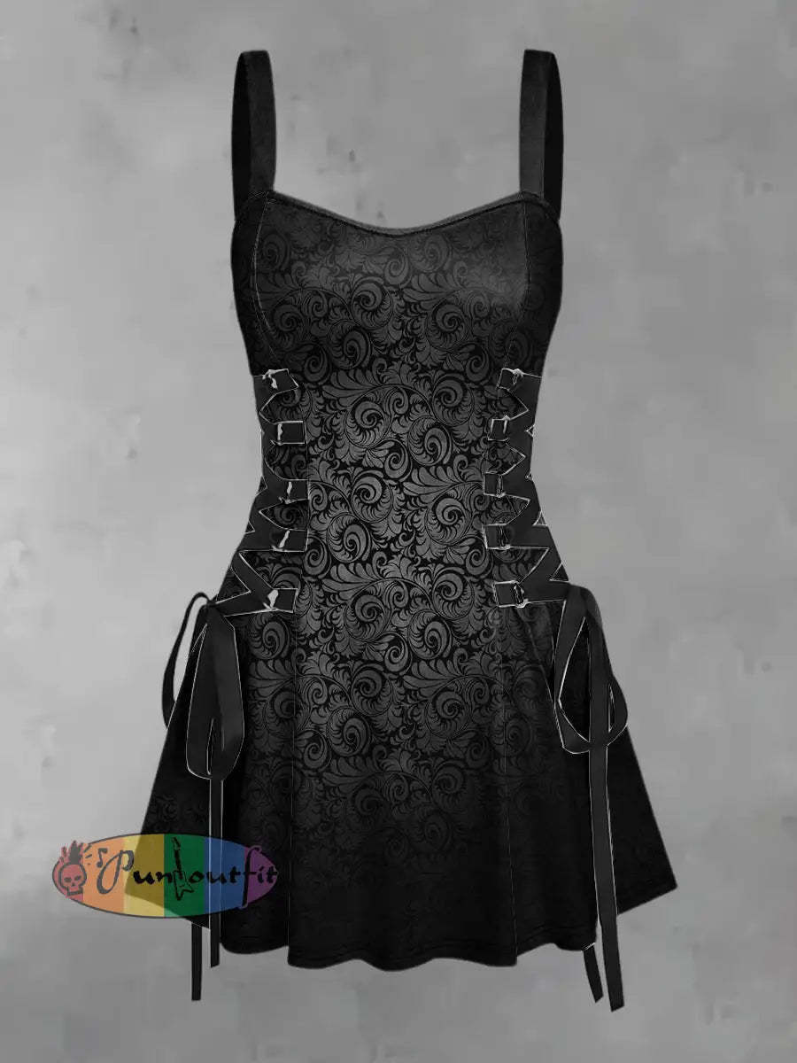 Women’s Vintage Punk Gothic Black Swirl Gradient Abstract Art Print Strappy Sleeveless Strappy Mini Dress Black / S