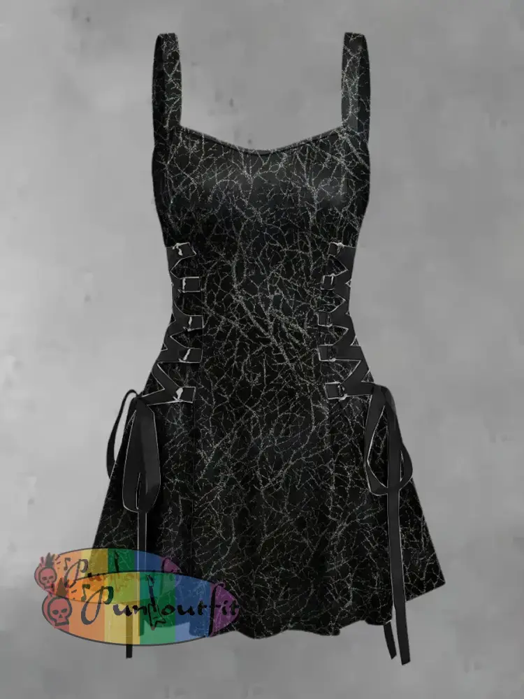 Women’s Vintage Punk Gothic Branches Print Strappy Sleeveless Strappy Mini Dress Black / S
