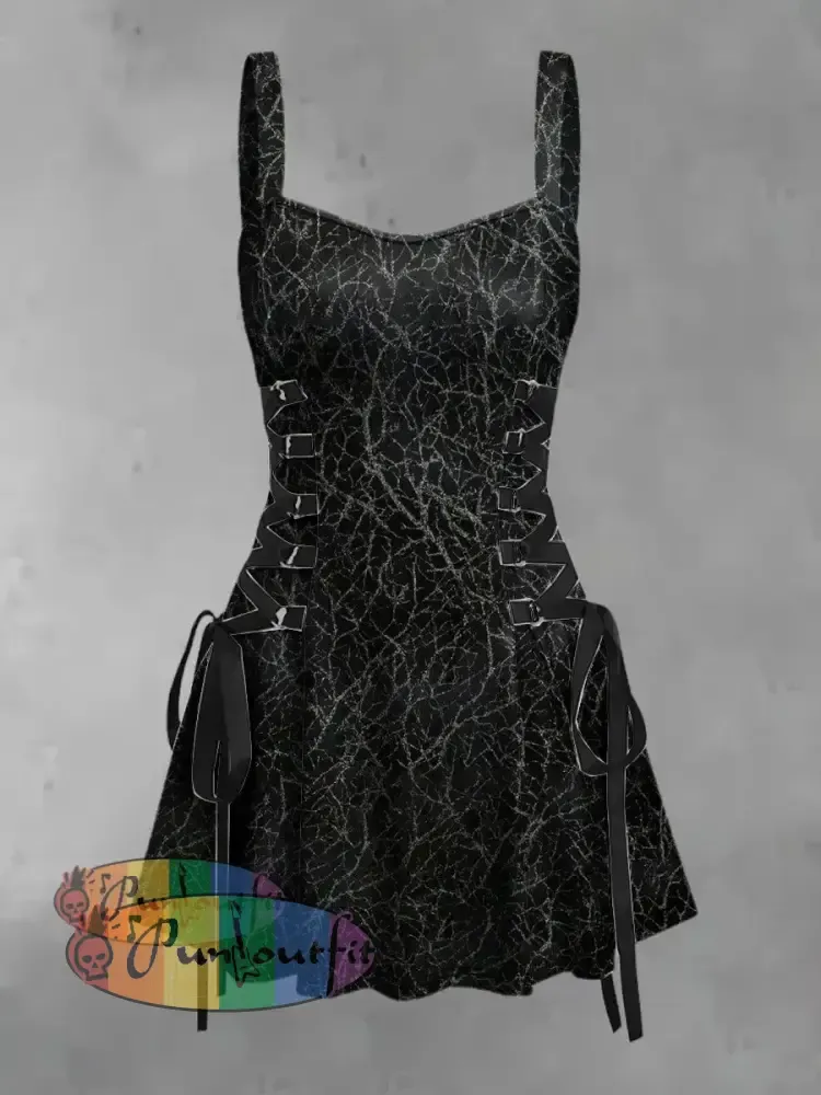 Women’s Vintage Punk Gothic Branches Print Strappy Sleeveless Strappy Mini Dress Black / S