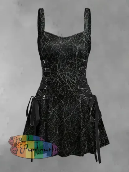 Women’s Vintage Punk Gothic Branches Print Strappy Sleeveless Strappy Mini Dress Black / S