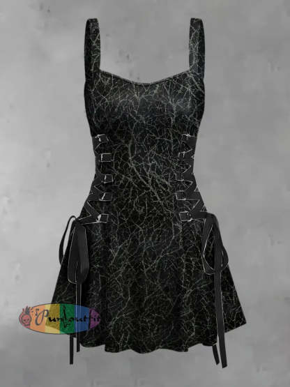 Women’s Vintage Punk Gothic Branches Print Strappy Sleeveless Strappy Mini Dress Black / S