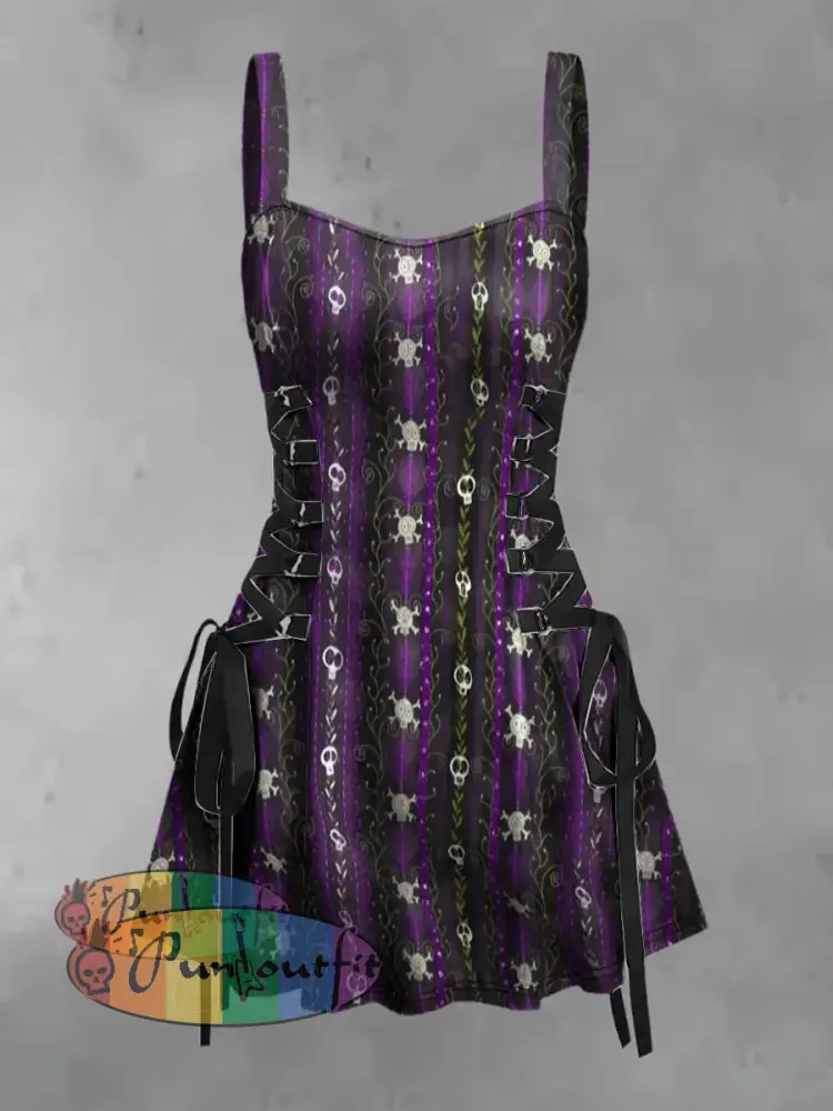 Women’s Vintage Punk Gothic Colorful Death Vines Print Strappy Sleeveless Strappy Mini Dress Purple / S