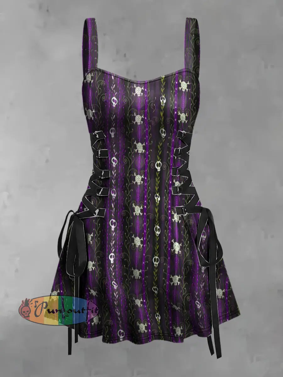 Women’s Vintage Punk Gothic Colorful Death Vines Print Strappy Sleeveless Strappy Mini Dress Purple / S