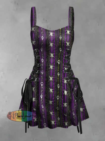 Women’s Vintage Punk Gothic Colorful Death Vines Print Strappy Sleeveless Strappy Mini Dress Purple / S