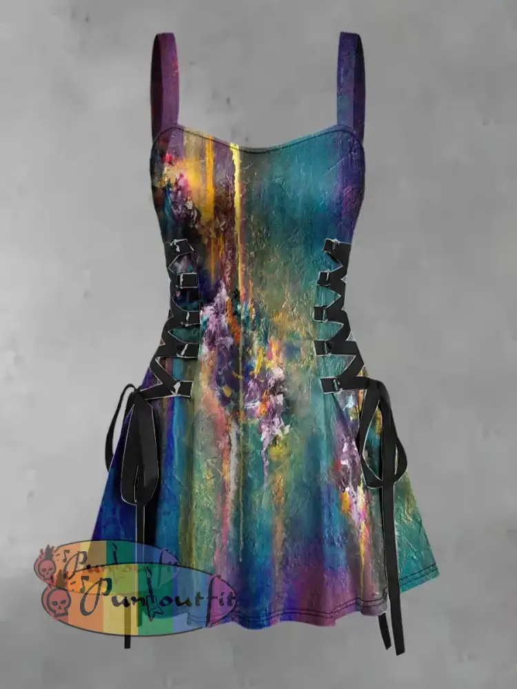 Women’s Vintage Punk Gothic Colorful Gradient Abstract Art Print Strappy Sleeveless Strappy Mini Dress As picture / S