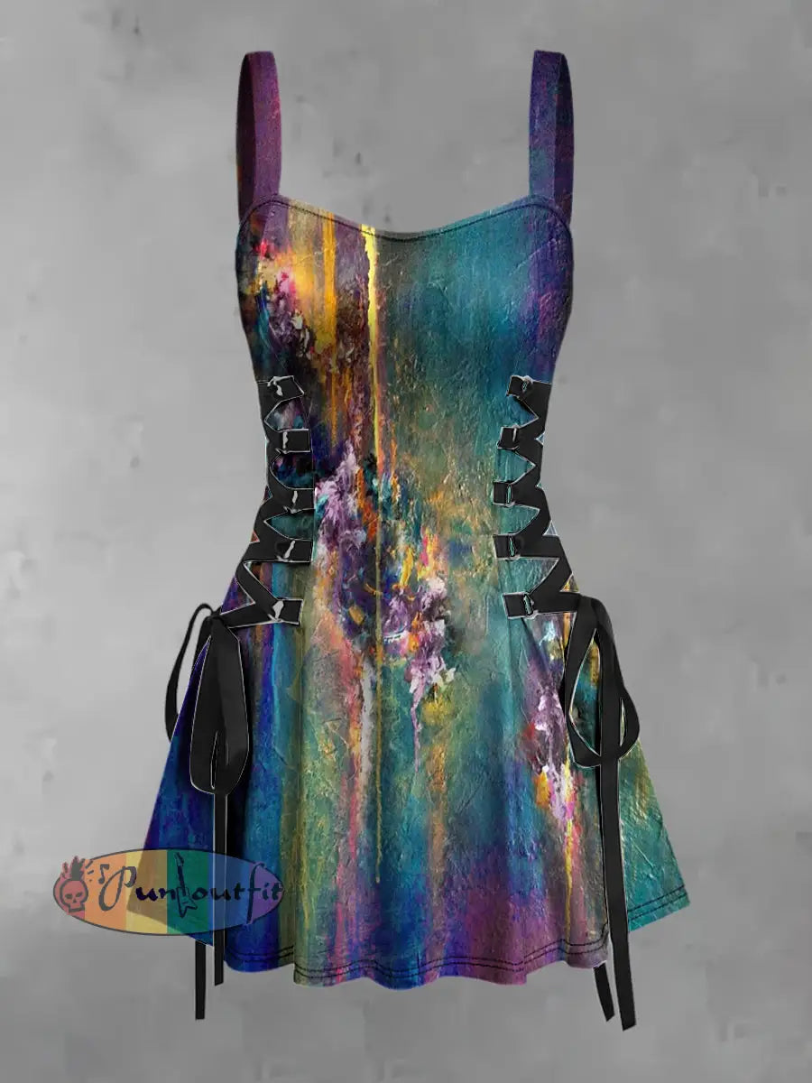 Women’s Vintage Punk Gothic Colorful Gradient Abstract Art Print Strappy Sleeveless Strappy Mini Dress As picture / S