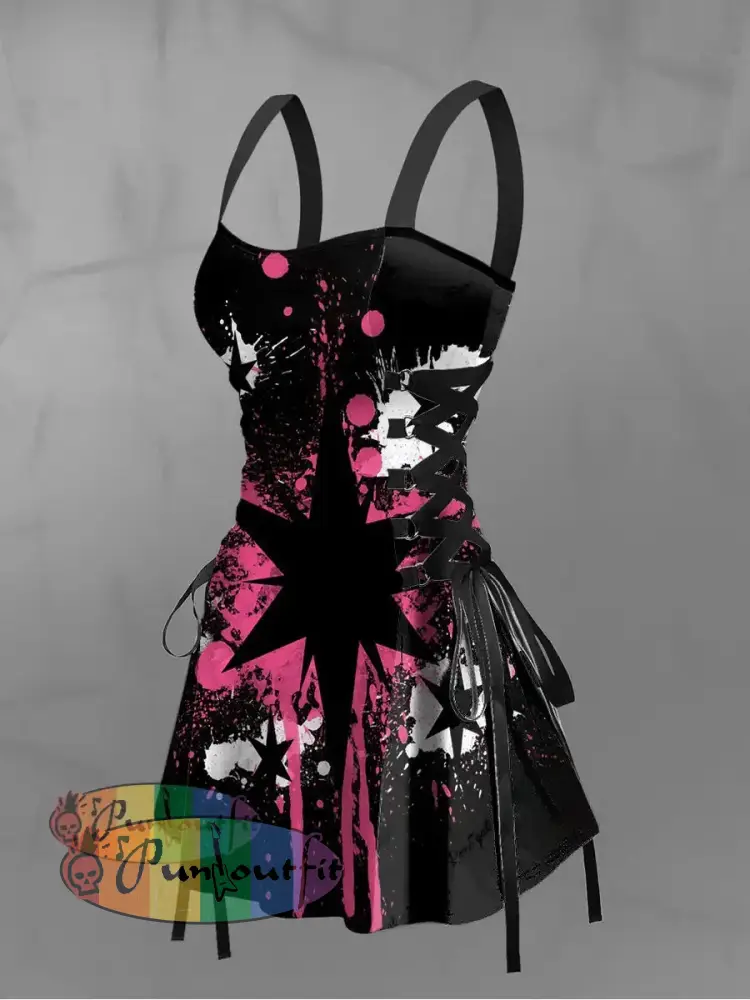 Women’s Vintage Punk Gothic Colourful Graffiti Star Print Strappy Sleeveless Strappy Mini Dress Black / S