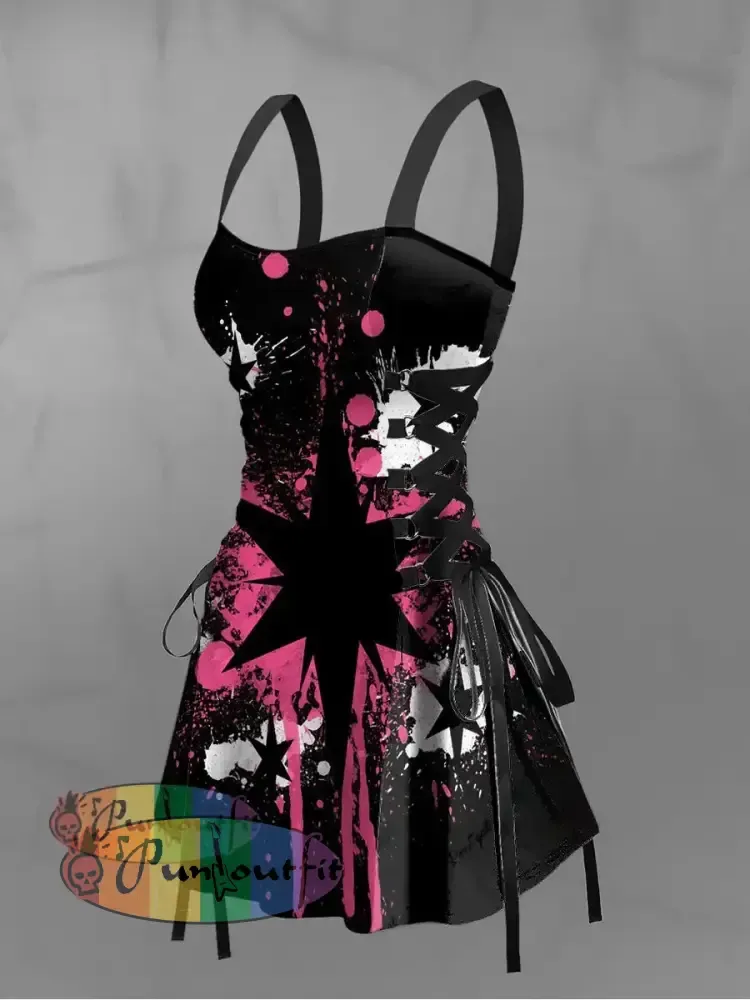 Women’s Vintage Punk Gothic Colourful Graffiti Star Print Strappy Sleeveless Strappy Mini Dress Black / S