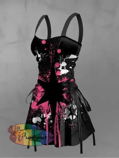 Women’s Vintage Punk Gothic Colourful Graffiti Star Print Strappy Sleeveless Strappy Mini Dress Black / S