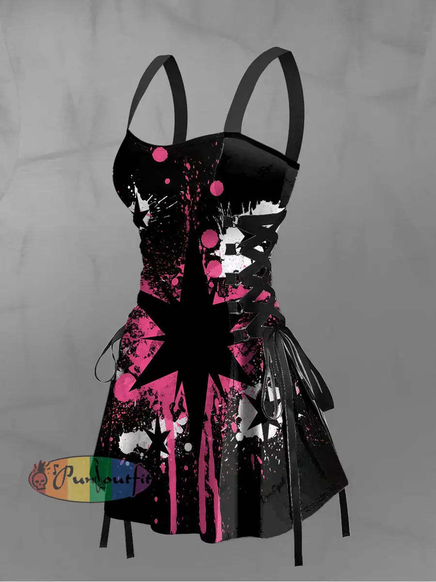 Women’s Vintage Punk Gothic Colourful Graffiti Star Print Strappy Sleeveless Strappy Mini Dress Black / S