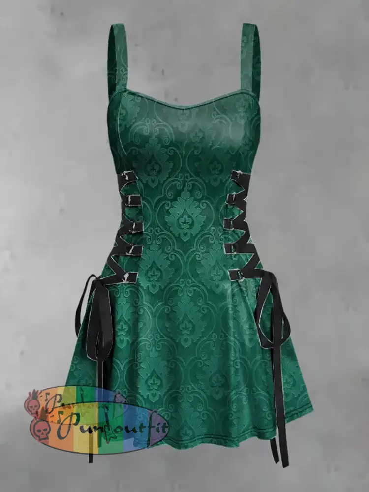 Women’s Vintage Punk Gothic Floral Gradient Print Strappy Sleeveless Mini Dress Green / S