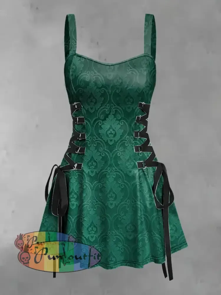Women’s Vintage Punk Gothic Floral Gradient Print Strappy Sleeveless Mini Dress Green / S