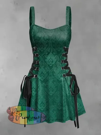 Women’s Vintage Punk Gothic Floral Gradient Print Strappy Sleeveless Mini Dress Green / S