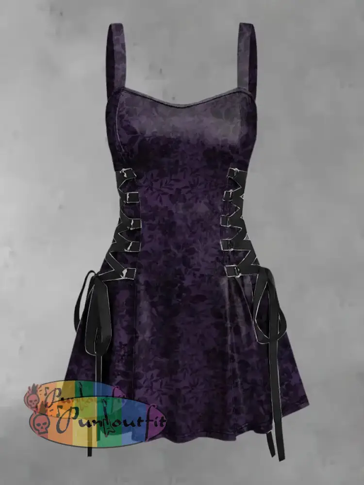 Women’s Vintage Punk Gothic Floral Print Strappy Sleeveless Mini Dress Purple / S