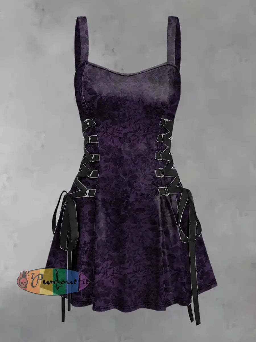Women’s Vintage Punk Gothic Floral Print Strappy Sleeveless Mini Dress Purple / S