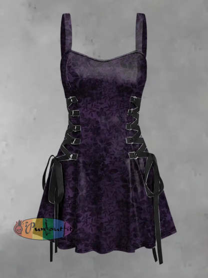 Women’s Vintage Punk Gothic Floral Print Strappy Sleeveless Mini Dress Purple / S