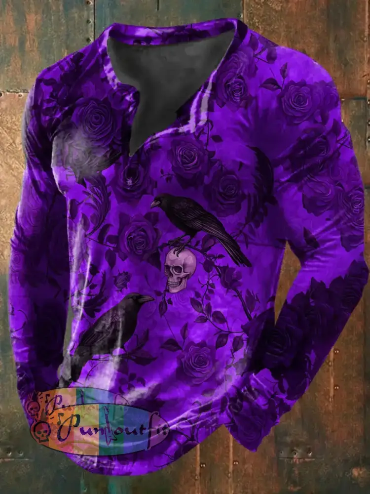 Women’s Vintage Punk Gothic Skull Raven Floral Print Strappy Sleeveless Strappy Mini Dress Long Sleeve T-Shirt / S
