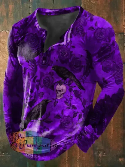 Women’s Vintage Punk Gothic Skull Raven Floral Print Strappy Sleeveless Strappy Mini Dress Long Sleeve T-Shirt / S
