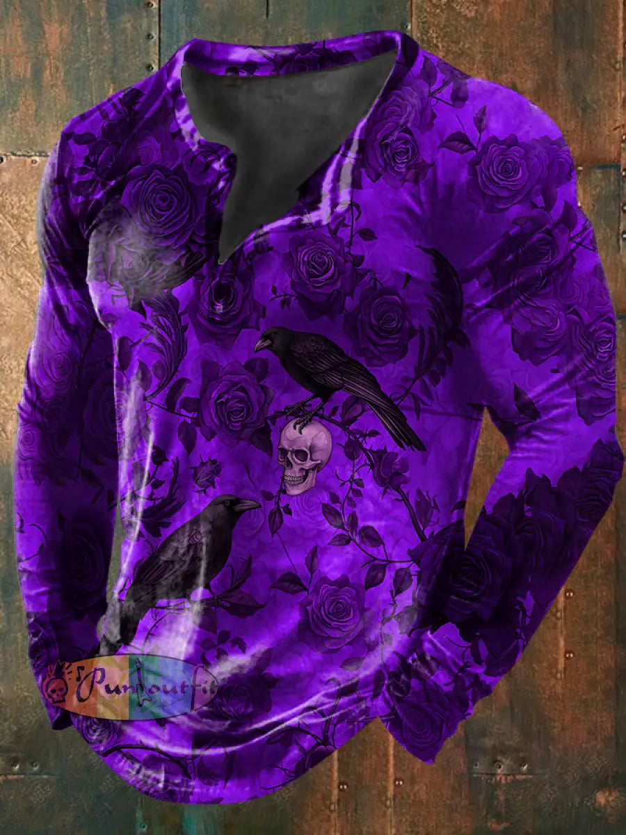 Women’s Vintage Punk Gothic Skull Raven Floral Print Strappy Sleeveless Strappy Mini Dress Long Sleeve T-Shirt / S