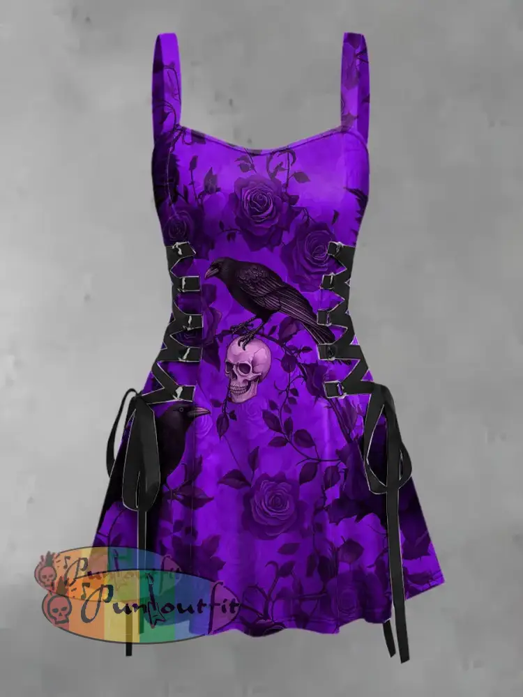 Women’s Vintage Punk Gothic Skull Raven Floral Print Strappy Sleeveless Mini Dress Purple / S