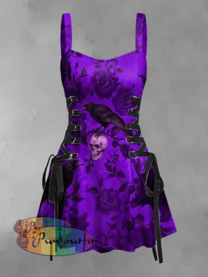 Women’s Vintage Punk Gothic Skull Raven Floral Print Strappy Sleeveless Mini Dress Purple / S