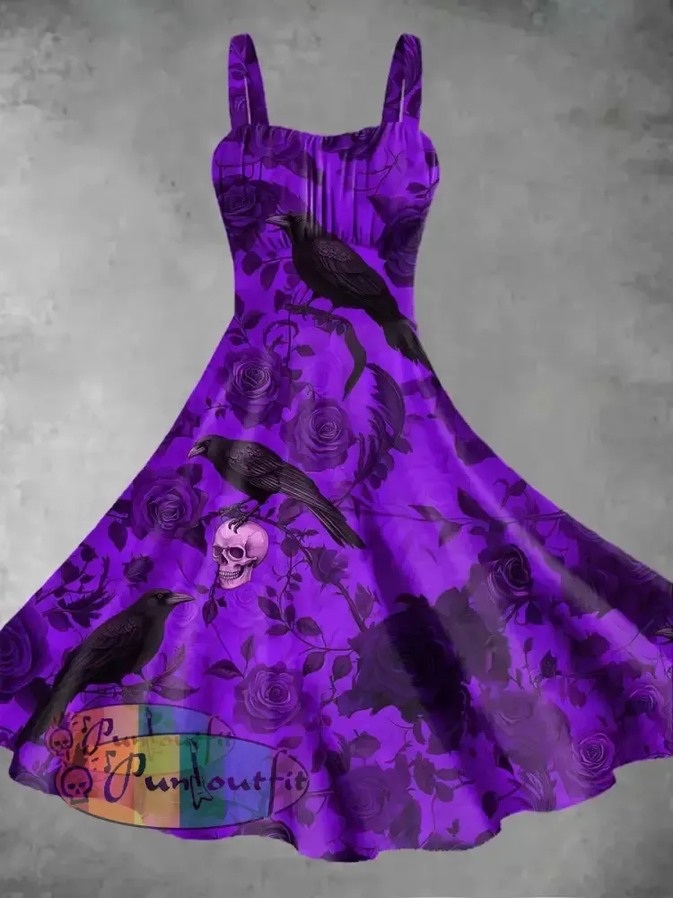 Women’s Vintage Punk Gothic Skull Raven Floral Print Strappy Sleeveless Strappy Mini Dress Dress / S