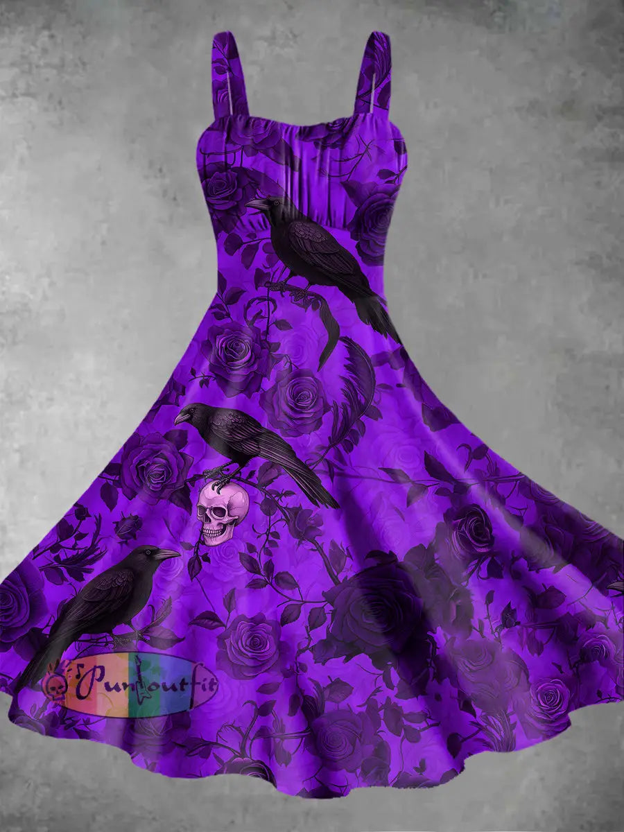 Women’s Vintage Punk Raven Floral Skulls Print Midi Dress Purple / S