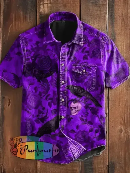 Women’s Vintage Punk Gothic Skull Raven Floral Print Strappy Sleeveless Strappy Mini Dress Short Sleeve Shirt / S