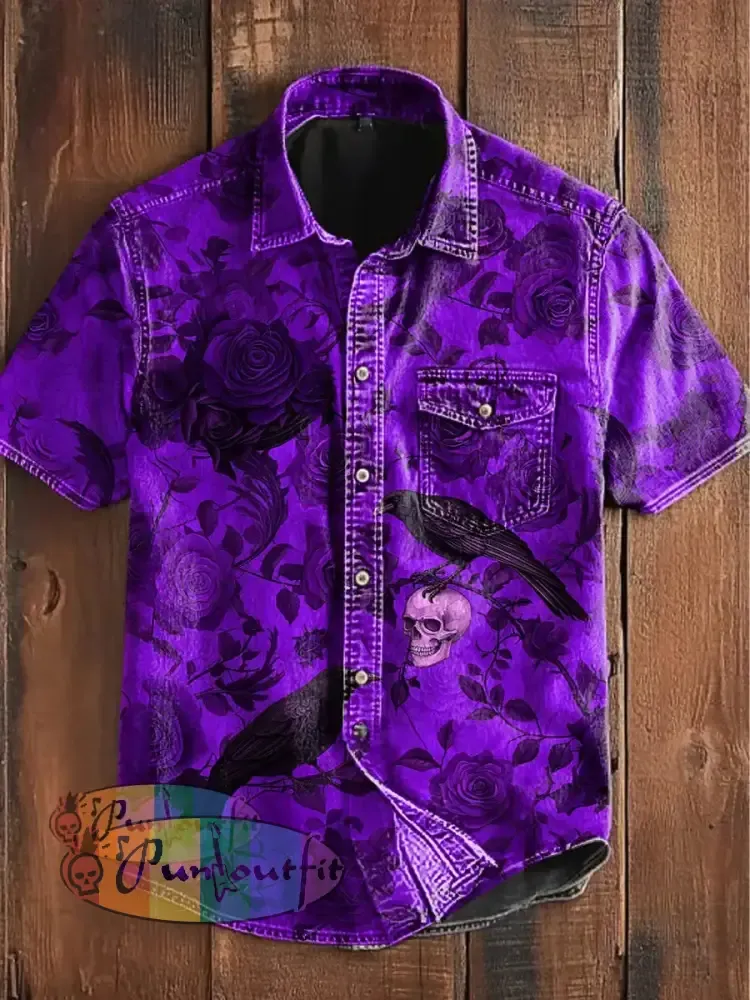 Women’s Vintage Punk Gothic Skull Raven Floral Print Strappy Sleeveless Strappy Mini Dress Short Sleeve Shirt / S
