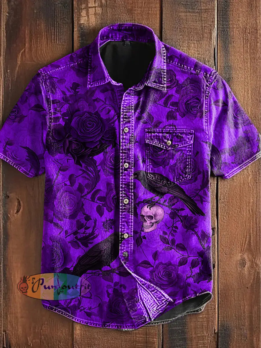 Women’s Vintage Punk Gothic Skull Raven Floral Print Strappy Sleeveless Strappy Mini Dress Short Sleeve Shirt / S