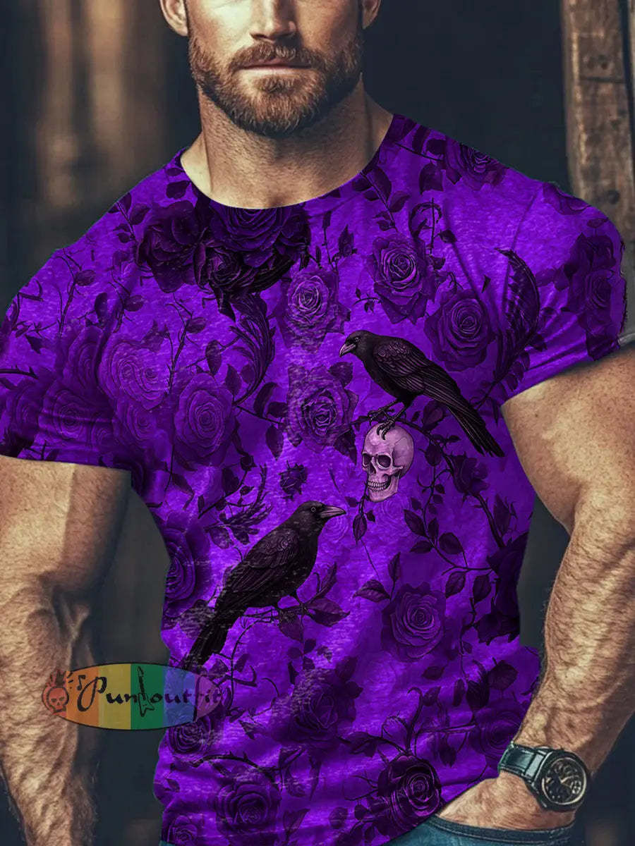 Women’s Vintage Punk Gothic Skull Raven Floral Print Strappy Sleeveless Strappy Mini Dress Short Sleeve T-Shirt / S