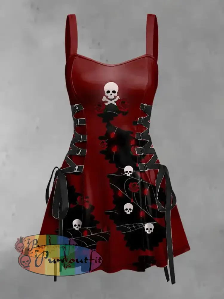 Women’s Vintage Punk Gothic Skull Rose Abstract Print Strappy Sleeveless Mini Dress Wine Red / S