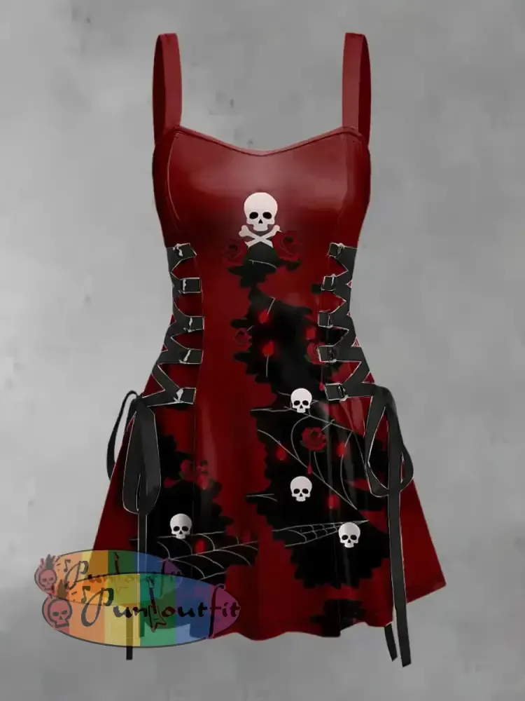 Women’s Vintage Punk Gothic Skull Rose Abstract Print Strappy Sleeveless Mini Dress Wine Red / S