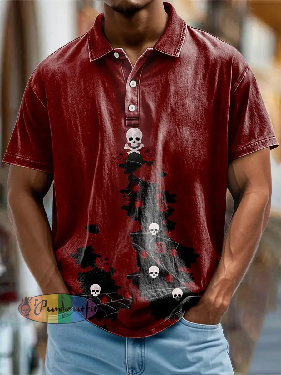 Women’s Vintage Punk Gothic Skull Rose Abstract Print Strappy Sleeveless Strappy Mini Dress Short Sleeve Polo Shirt / S